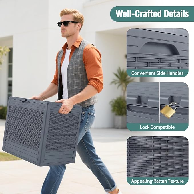 Giantex 25 Gallon Outdoor Storage Box, PP Deck Container with Rattan Patterns & Lockable Lid, All-Weather Patio Plastic Storage Bin for Package Delivery, Garden Tools, Patio Cushions (Grey)