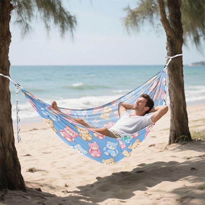 Camping Hammock Outdoor Hammocks for Outside Bear Blue Pink Yellow Beach Trees Portable Lightweight with Pockets Tree Straps Indoor