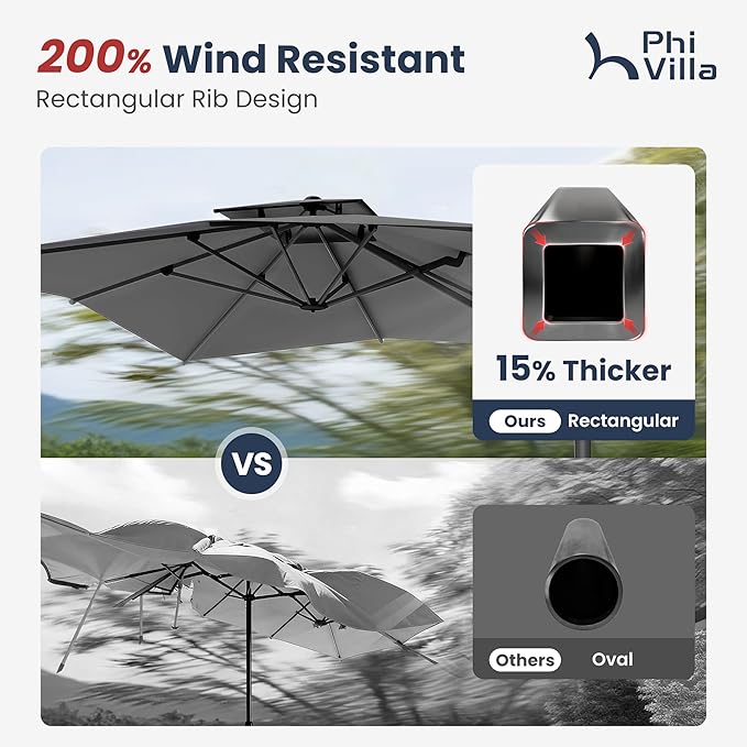PHI VILLA 9x12 Cantilever Patio Umbrella with Base, Double Top Large Rectangular Umbrella, Heavy Duty 360° Rotation Hydraulic Outdoor Sun Umbrella Windproof for Pool, Garden,Grey