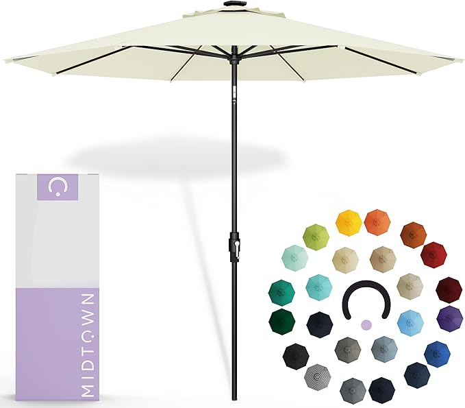 Midtown Umbrellas The LED Swilt 10 Feet Patio Umbrella With Sunbrella Canvas Natural Acrylic Fabric - Auto-Tilt Aluminum Frame With LED Lights For Backyard, Deck, Garden, Pool - Black Pole