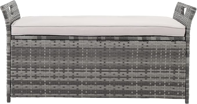 33 Gallon Outdoor Wicker Storage Bench with Cushion,Footstool Locker,Rattan Deck Storage Box with Handles & Hydraulics for Patio Furniture,Cushions,Garden Tools,Pool & Sports Equipment