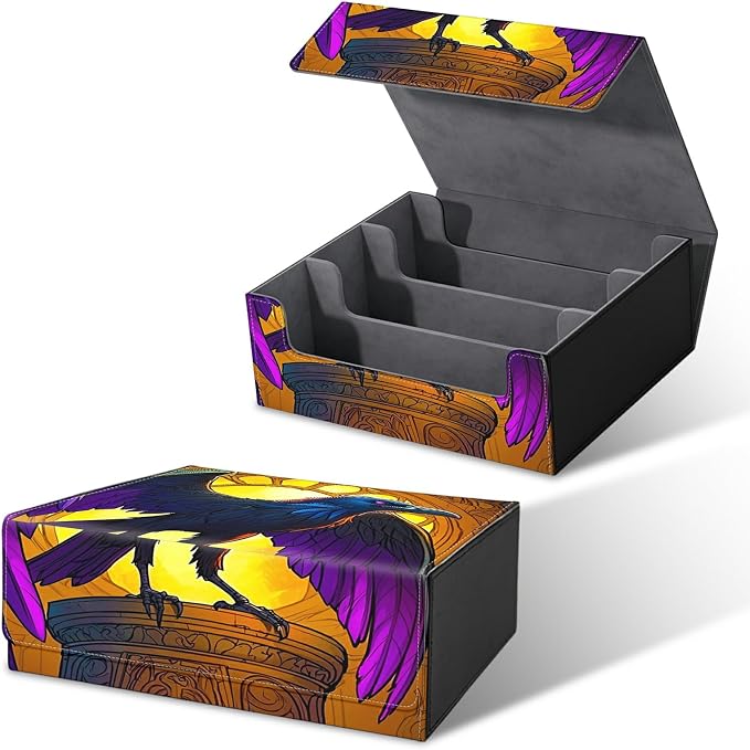 Card Deck Box for MTG, Cards Storage Box Fits 120+ Sleeved, Leather Big Size Strong Magnetic Closing Case for Board Games Magic TCG CCG Baseball Collection Women, Eagle With Purple Wings