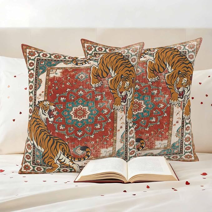 Tiger Print Outdoor Pillow Covers 18"x18" Set of 2, Boho Vintage Animal Orange Red Floral Geometric Waterproof Throw Pillow Covers for Patio Furniture, Decorative Cushion Covers for Porch