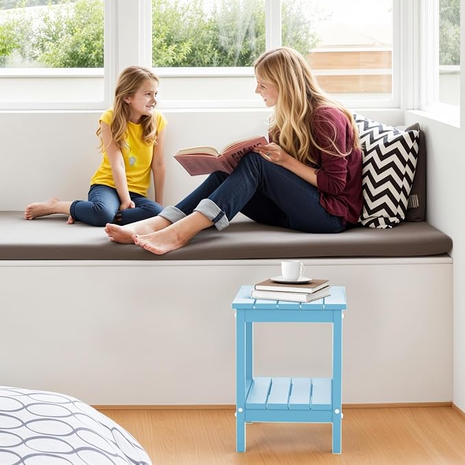 IVY&LANE Adirondack Outdoor Side Table | HDPE Plastic | Patio End Tables with Storage | 2-Shelf | Weather Resistant | Arctic | 14 x 13 Inches | for Outside Porch Deck Backyard Indoor