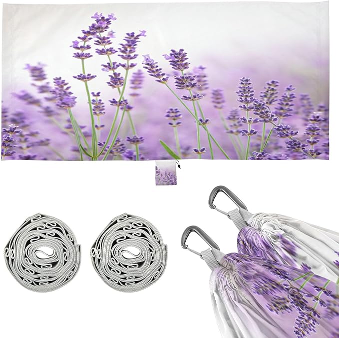 Lavender Flowers Camping Hammock, Portable Lightweight Single Hammock with Tree Straps and Aluminum Carabiners, 114" x 54" Travel Hammock for Hiking Backpacking Beach