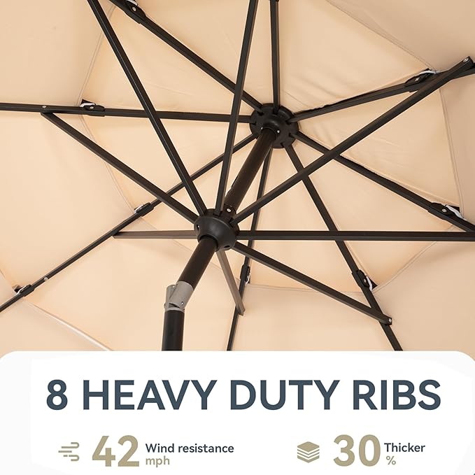 GREEN PARTY 10ft Patio Umbrella with Solar Lights, Auto-Tilt Lighted Market Table Umbrellas with Crank, 8 Sturdy Ribs & 1.5" Pole outdoor umbrellas for Patio Garden Deck Backyard Pool, Beige