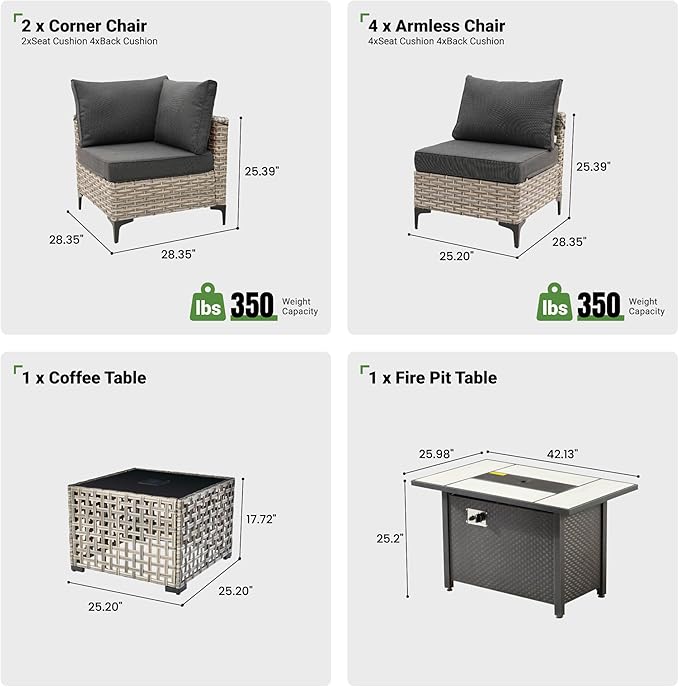 8 Pcs Patio Furniture with Fire Pit Table, Outdoor Rattan Wicker Conversation Set with Glowing Coffee Table, Comfy Sectional Sofa for Porch Balcony Backyard Pool, Black