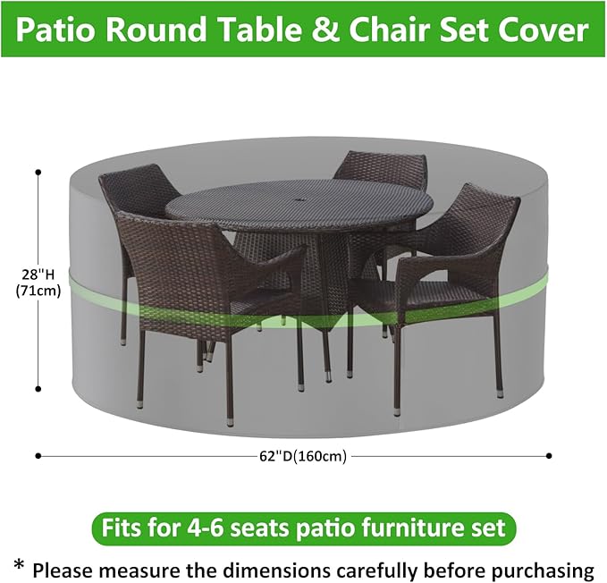 Round Outdoor Table Cover 62Inch, Waterproof Patio Furniture Cover - Heavy Duty 420D Large Patio Dining Table and Chair Set Covers for All Weather Resistant for Round Sofa (Black, 62"DIA x 28"H)