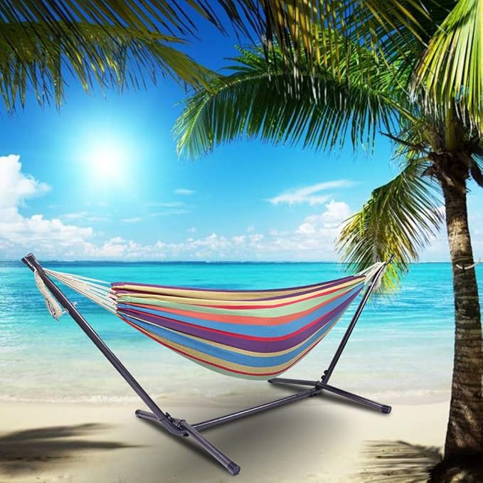 Portable Outdoor Polyester Hammock Set,Single Person Brazilian Hammock,Garden Cotton Hammocks,Indoor Swing Hammock Chair,with Stand & Carry Bag,for Outside Patio Porch Poolside Backyard (Rainbow)
