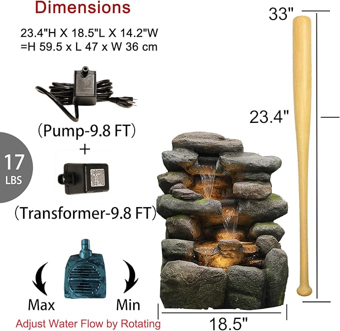 Bumilgar 23.4" H Garden Outdoor Rock Water Fountain with LED Lights, 4-Tier Cascading Waterfall Fountain, Faux Stone Resin Water Feature for Patio, Backyard & Home Decor