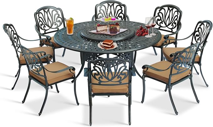 9-Piece Patio Cast Aluminum Dining Set, 8 Person Outdoor Dining Furniture Set, Includes 8 Cushioned Chairs and 61" Large Round Dining Table with 31" Lazy Susan, Umbrella Hole, Tan