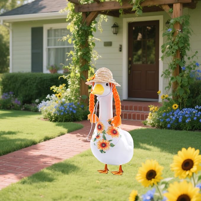 Sunflower Outfit for Porch Goose - 2Pcs Summer Goose Clothes with Yellow Floral Hat & Bib Accessories for 23” Cement or Plastic Gooses Statue, Garden Lawn Porch Decoration