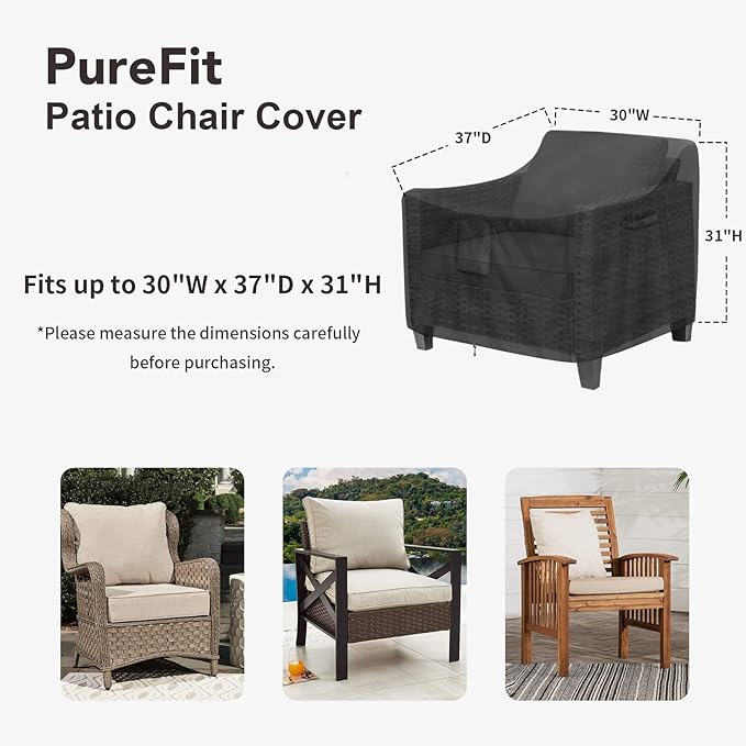PureFit Outdoor Chair Covers Waterproof Patio Furniture Lawn Chair Covers for Outdoor Furniture with Air Vent and Padded Handles, Fits up to 32W x 37D x 36H Inches, Black