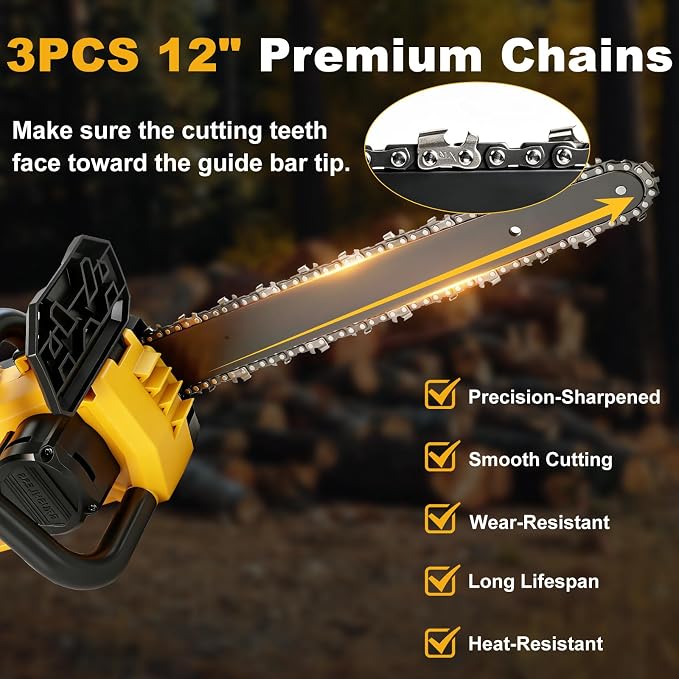 12 Inch Brushless Chainsaw Cordless for Dewalt 20V Battery, Handheld Electric Chain Saw with 3 Chains, Tool-free Chain Tension and Auto Oiling for Wood Cutting Tree Trimming (Battery Not Included)