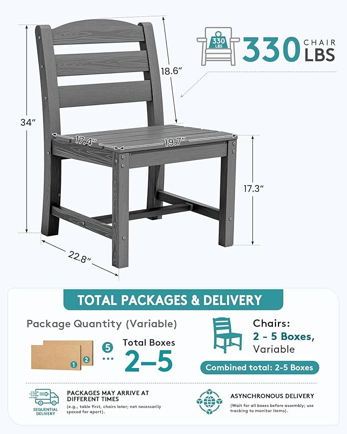 SERWALL Outdoor Armless Dining Chairs Set of 4, All-Weather HDPE Patio Chair with 19.7" Widened Seat, for Backyard, Garden, Gray