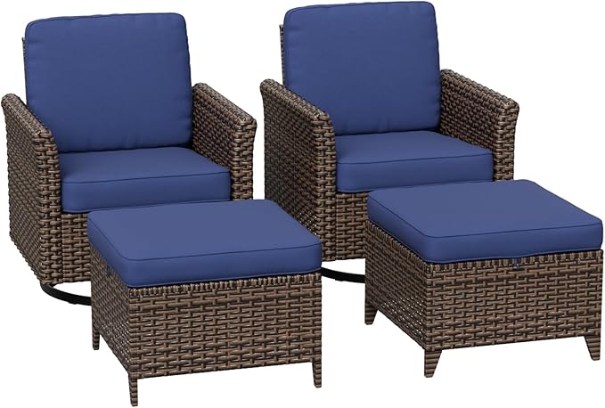 COOS BAY Harbor Retreat 4 Piece Outdoor Furniture Set, Patio Conversation Set with Swivel Rocking Chairs and Ottomans, Wicker Furniture, Brown/Blue