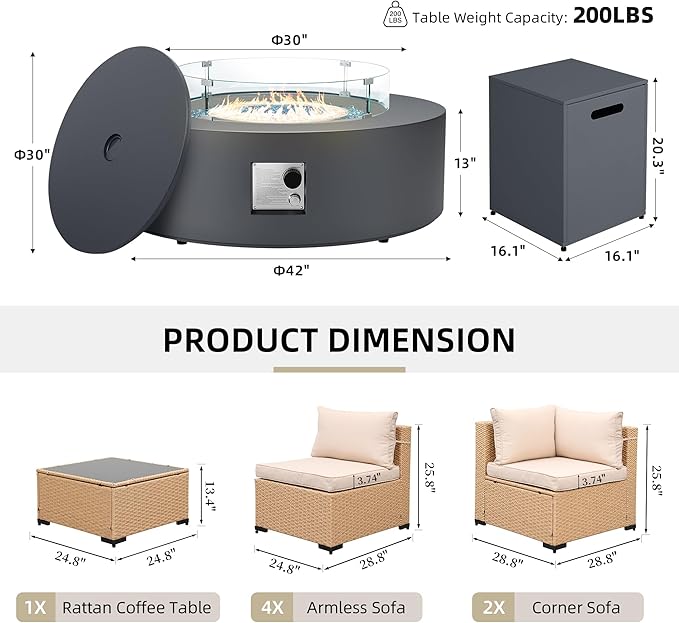 UPHA 9 Pieces Patio Furniture Sets, Wicker Outdoor Sectional Sofa Couch with Round Propane Pit for Deck Backyard Garden, Beige Rattan, Beige Cushion
