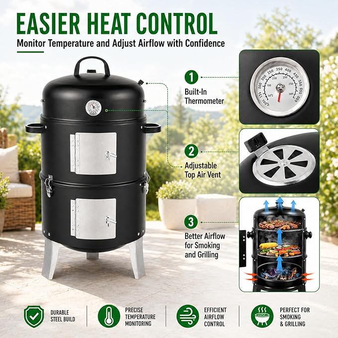 16.5 Inch Charcoal Smoker for Meat, Vertical Smoker Grill, Small Smoker for Backyard, Patio and Parties | 4-in-1 BBQ Smoker with Built-In Thermometer, Adjustable Air Vent, 2 Cooking Racks
