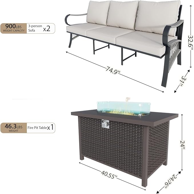 3 Pieces Patio Furniture Set, Metal Outdoor Conversation Sets with Fire Pit Table for Backyard Garden Deck Porch Poolside (Thick Beige Cushions)