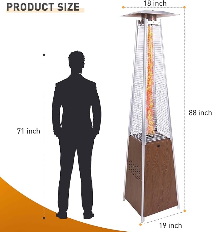 【48,000 BTU Pyramid Patio Heater】Outdoor Propane Heater with Wheels & Cover, 360° Heating for Terrace Garden Poolside, Commercial Residential Use, Stainless Steel Glass Tube Design (Brown)