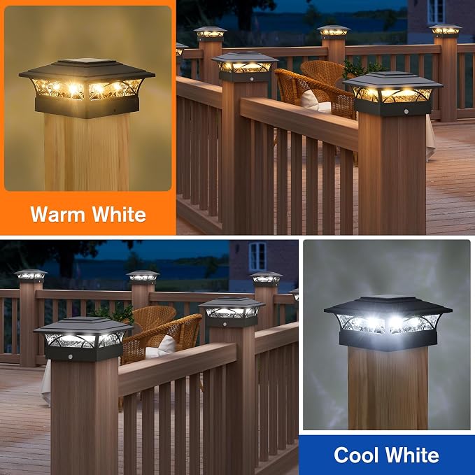 APONUO Solar Post Cap Lights 12 Pack - 4x4 5x5 6x6 Fence Post Lights, Auto On/Off, Waterproof IP64, 2-Mode (Warm/Cool White), Deck Patio Yard Solar Light for Wood & Vinyl Posts, Black