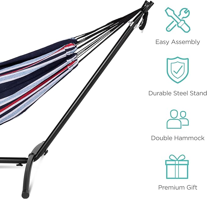 Best Choice Products Double Hammock with Steel Stand, Indoor Outdoor Brazilian-Style Cotton Bed w/Carrying Bag, 2-Person Capacity - Abyss