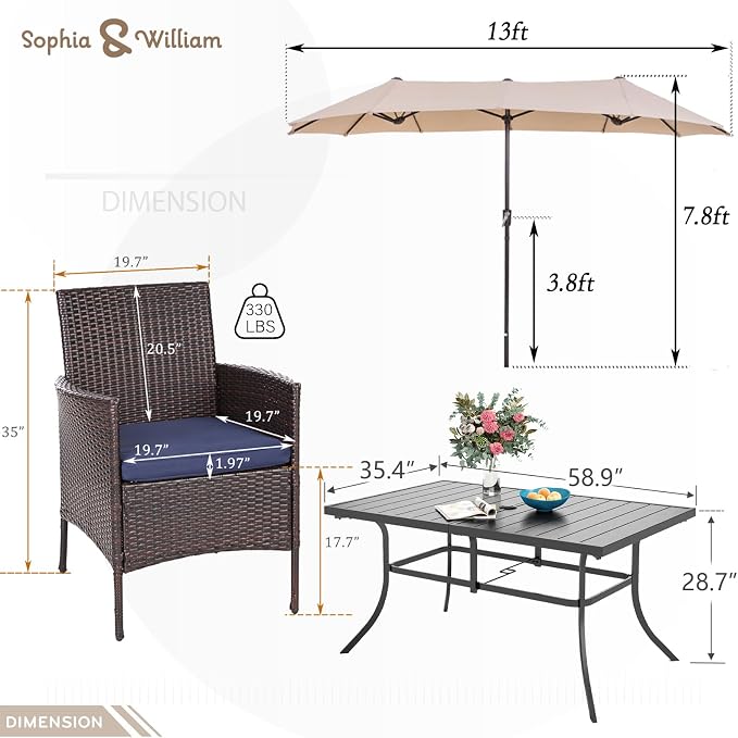 Sophia & William 7 Pieces Outdoor Patio Dining Set with 13ft Beige Patio Umbrella for Outside, Metal Patio Table and Rattan Chairs Set with Cushion and 1.6" Adjustable Umbrella Hole