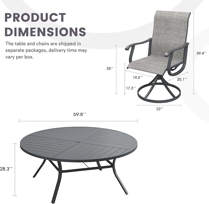 9 Pieces Patio Furniture Dining Set, 8 Textilene Swivel Dining Chairs, 60" Outdoor Round Metal Table with 1.57" Umbrella Hole, Outdoor Dining Set for Porch, Lawn, Garden, Grey/Grey