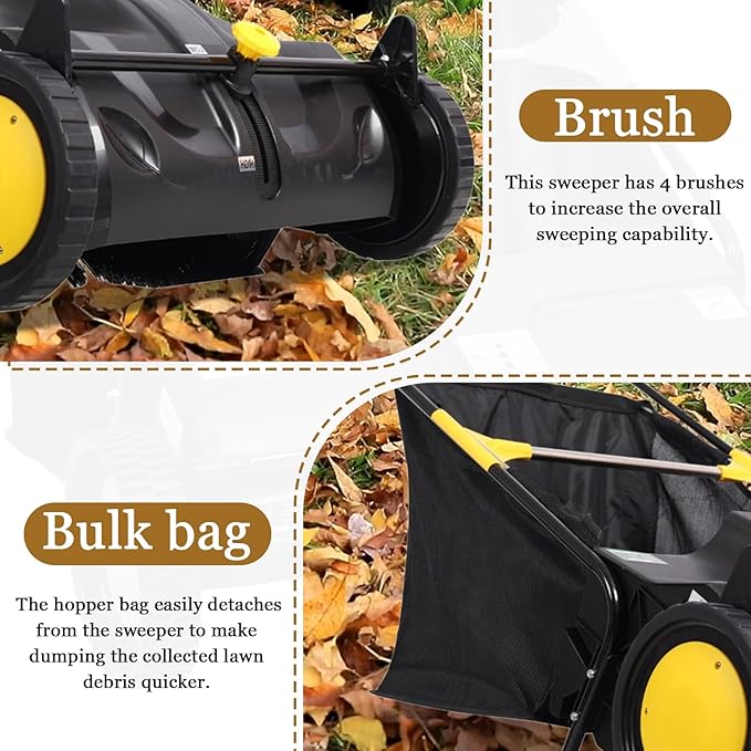 21 Inch Lawn Sweeper Push Hand Powered for Leaves, Grass Clippings & Yard Debris, 4 High-Speed Brushes & Large 7 cu ft Hopper Bag | Adjustable Height, ABS+Steel Frame (21 Inch Black)