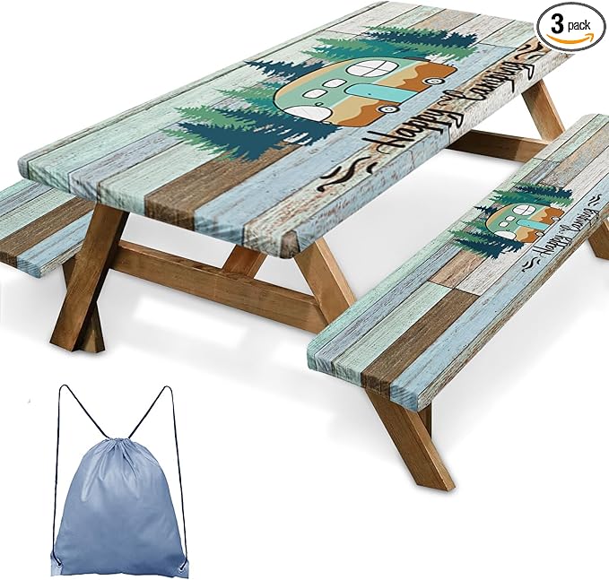 Picnic Table Cover with Bench Covers Elastic Edges, Green Camper Fitted Table Cover, Outdoor Patio Camping Essentials 72 Inch 3PCS, Waterproof Camping Fitted Tablecloth with Drawstring Bag