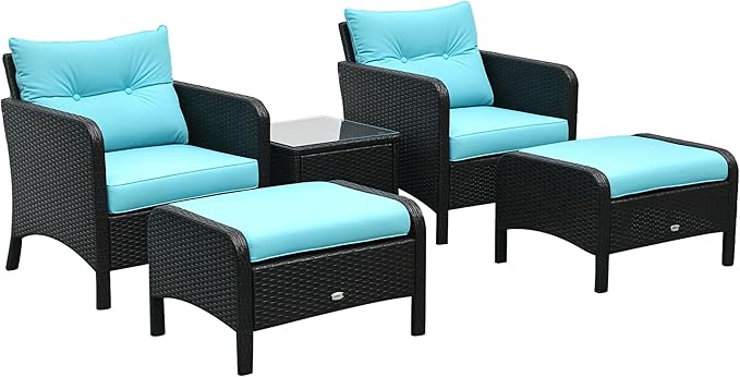 Outsunny 5 Pieces Rattan Wicker Lounge Chair Outdoor Patio Conversation Set with 2 Cushioned Chairs, 2 Ottomans and Tempered Glass Top Coffee Table, Brown/Blue