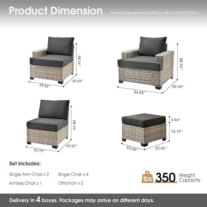 Outdoor Sectional Patio Furniture Set,9 Pieces All Weather Rattan Wicker Conversation Sets,Out Door Furniture with Ottoman Single Chair,Black