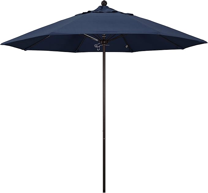 California Umbrella 9' Rd. Venture Series Contract Grade Patio Umbrella, Push Open Pin Stop, Bronze Finish, Sunbrella Spectrum Indigo