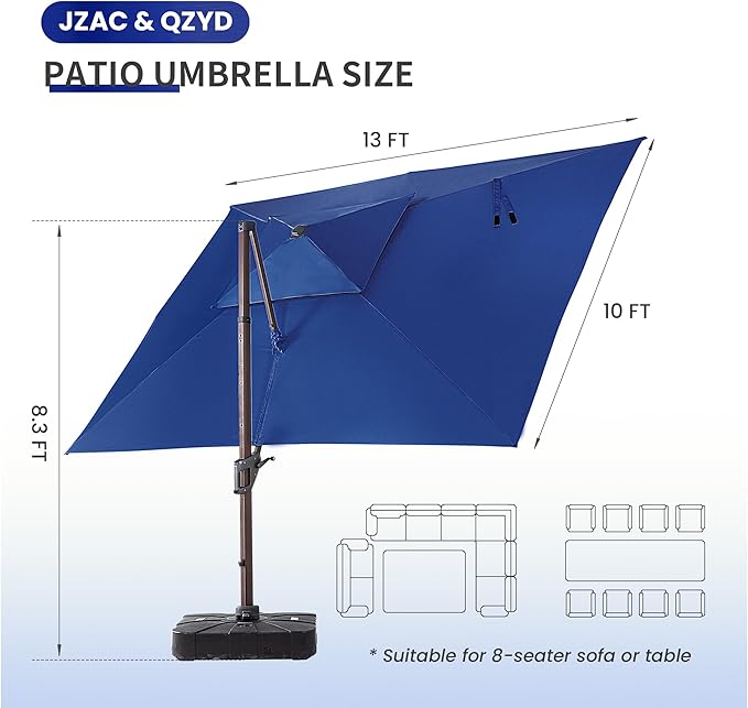 JZAC & QZYD 10X13 FT Outdoor Cantilever Patio Umbrella with Base Included and LED Lights, Large Heavy Duty 2-Tier Aluminum Offset Umbrellas with 360-Degree Rotation for Pool Deck, Navy