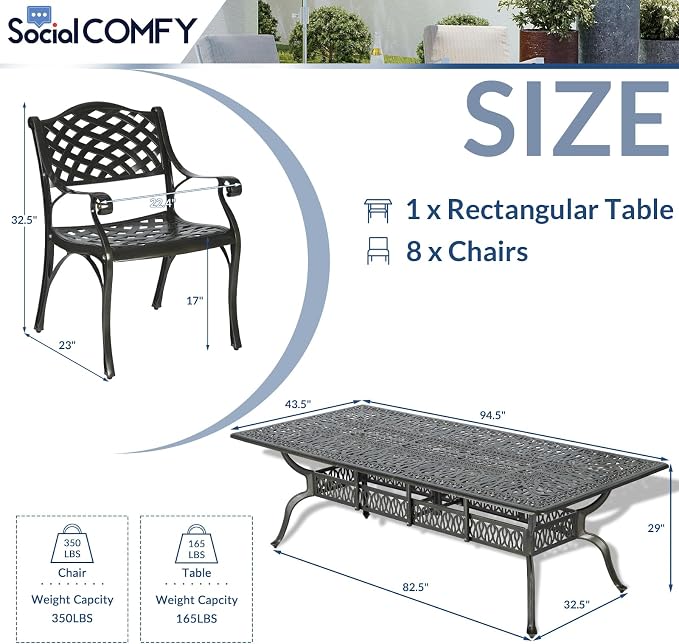 9-Piece Patio Cast Aluminum Dining Set, Outdoor Table and Chairs Set for 8, Includes 94.5" Rectangular Dining Table and 8 Chairs with Umbrella Hole, Patio Furniture Set for Deck Garden