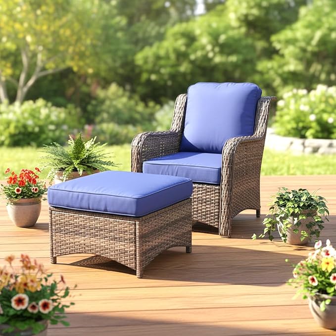 2 Pcs High Back Wicker Patio Chair Set with Ottoman, Outdoor Porch Chair with Thick Cushion for Balcony Deck Yard and Porch, Blue