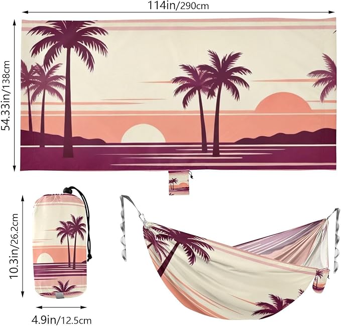 Sunset Palm Scene Outdoor Hammock with Tree Straps for Outside Patio Garden
