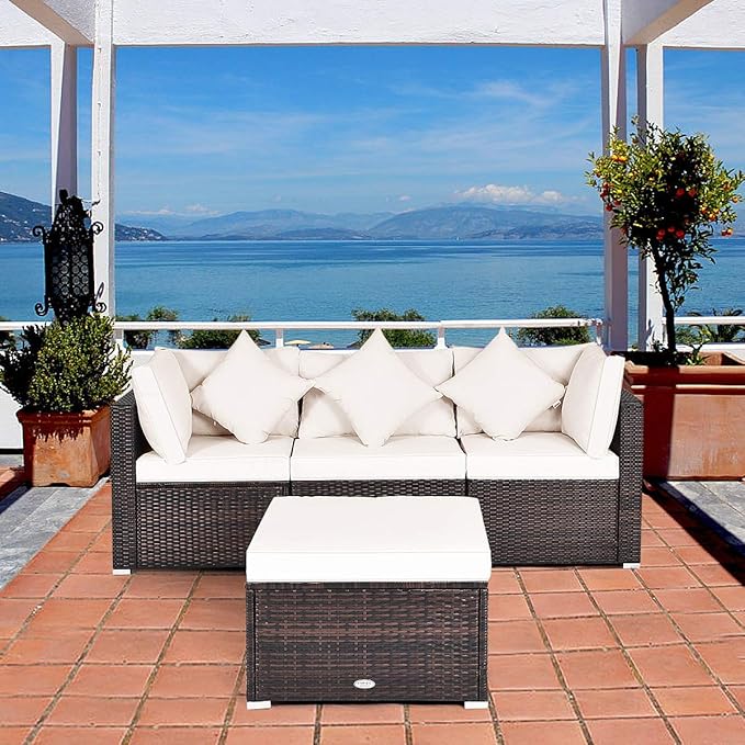 HAPPYGRILL 4 Pieces Patio Conversation Set Outdoor Wicker Sofa Set, Modern Sectional Couch Set with Washable Cushions & Pillows, All Weather PE Rattan Patio Furniture Set (Beige)