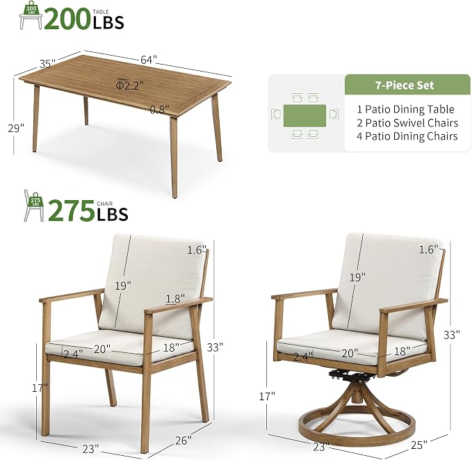 7 Pieces Patio Dining Set for 6, Aluminum Outdoor Dining Table Sets with Umbrella Hole, Modern Outdoor Furniture Set with 2 Swivel Chairs, 4 Dining Chairs and Table for Backyard Poolside,Teak