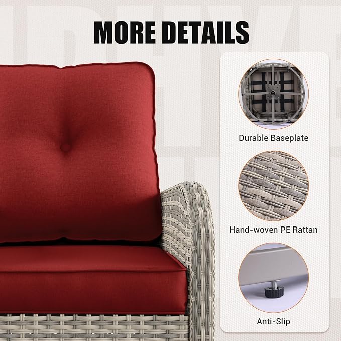 12-Piece Outdoor Patio Furniture Set with Rocking Swivel Chair, PE Wicker Rattan Sectional Sofa 55,000 BTU Fire Pit Table Patio Conversation Set with Ottomans and Chunky Arms, Red