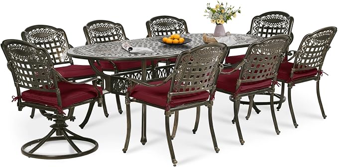 9-Piece Patio Dining Set, Outdoor Patio Table and Chair Set of 84” Oval Cast Aluminum Dining Table with Umbrella Hole, 6 Stationary, 2 Swivel Rocker Chairs, Patio Funiture Set, Red