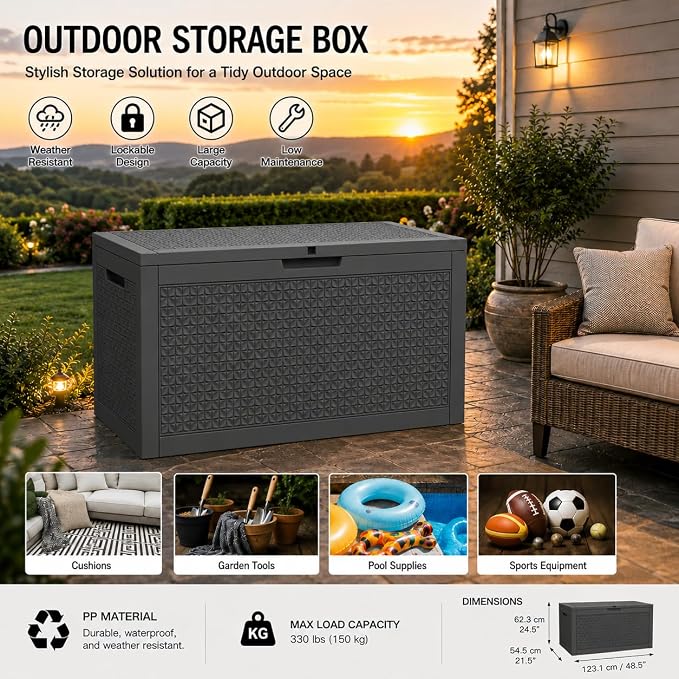 102 Gallon Outdoor Storage Box, Resin Deck Box Waterproof & Lockable, Patio Cushion Storage Bench for Garden, Pool, Furniture & Tools, UV Resistant Heavy Duty, Black