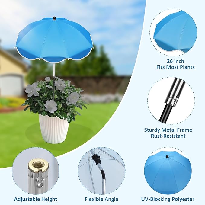 QRRICA 23.6" Adjustable Garden Umbrella Shade for Outdoor Use, Potted Greenery & Garden Beds – Angle-Adjustable Sun Protection