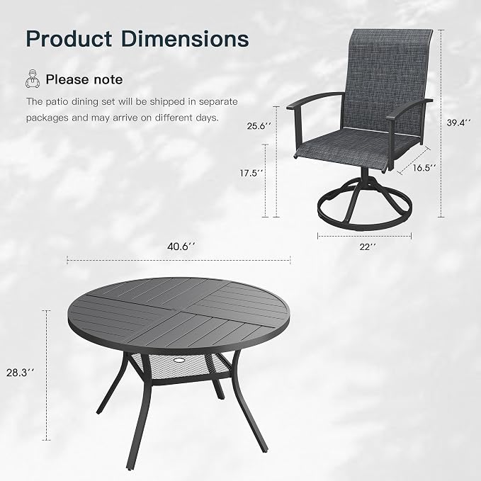 VICLLAX 5 Pieces Patio Outdoor Dining Set, 4 Swivel Textilene Chairs and 40.6" Round Metal Table with Umbrella Hole for Porch, Deck, Garden, Black
