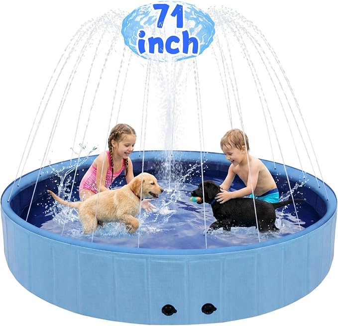 Eooqi Foldable Dog Pool with Sprinkler, 71 Inch Extra Large Thickened Splash Pool, 2-in-1 Outdoor Summer Water Play Toy, Non-Slip Hard-Side Kiddie Pool for Backyard Dogs, Kids & Pets (Blue, 71''-3XL)