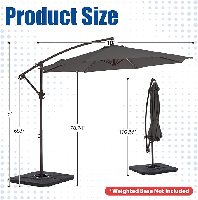 10FT Patio Umbrella, Outdoor Offset Cantilever Umbrella with Sturdy 8 Ribs, Easy Tilt Adjustment for Backyard Pool Garden,Grey