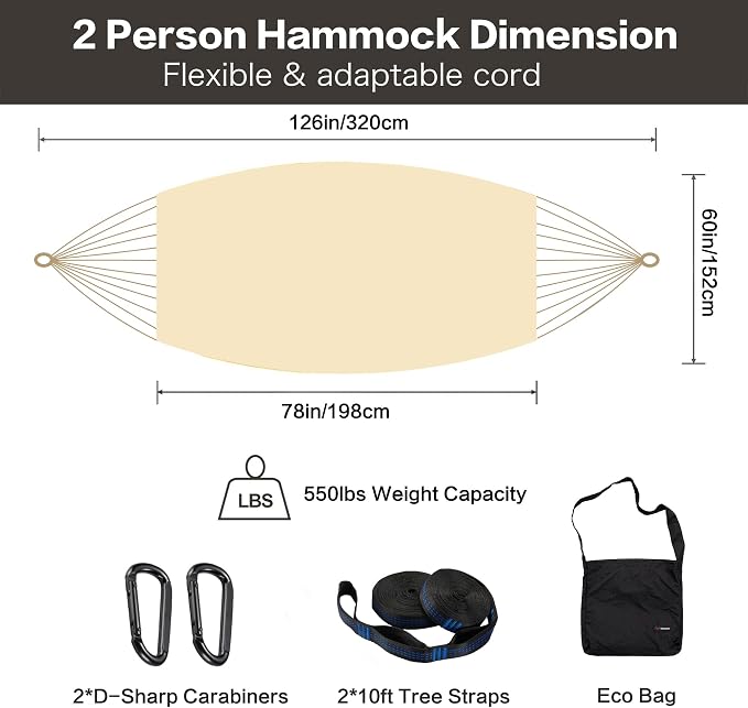CHULIM Handwoven Mayan Hammock with 10ft Tree Straps, 550lbs Capacity Soft Rope Double Hammock, Portable Outdoor Hammock with Carry Bag for Camping Backyard Beach - Natrual White