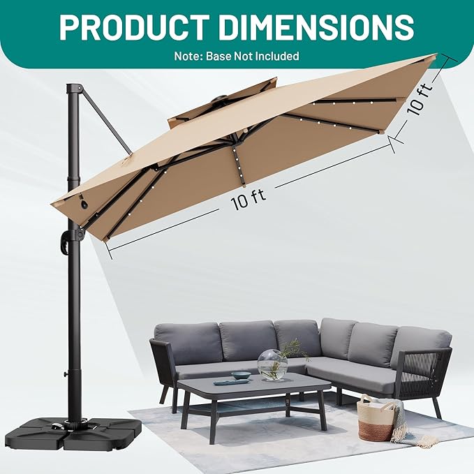 AreShark 10×10FT Solar LED Cantilever Umbrella with Base Included, Double-Top Outdoor Patio Offset with 360 Degree Rotation, Square Offset Hanging Umbrella for Garden Deck Pool, Beige