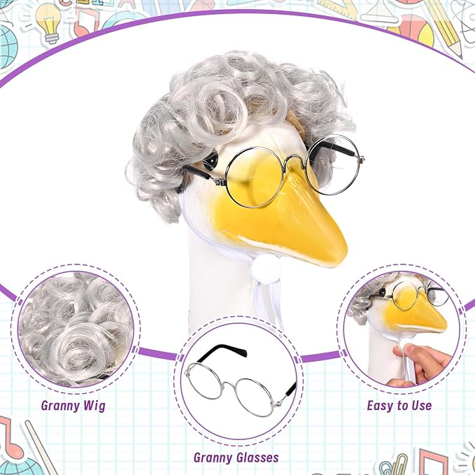 JcHrmers Old Lady Goose Outfits Porch Goose Clothes Fits 23" Cement Plastic Goose Statue Grandma Goose Outfit with Wig Glasses Pearl Necklace for School Outdoor Garden Lawn Yard Patio Art Decor