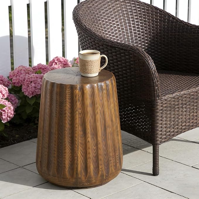 Outdoor Side Table Round Concrete Side Table Faux Marble End Tables Cement Accent Tables Patio Garden Stool Plant Stand for Porch, Backyard Balcony,11.22",Barrel, Brown